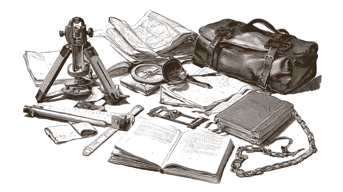 Engraving of surveying instruments, field notebooks, maps and a chain scattered across a table